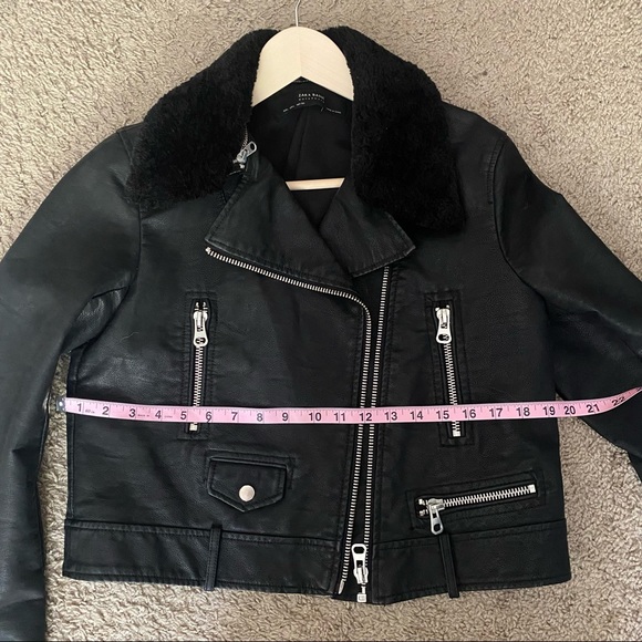 Zara Black Faux Fur Leather Aviator Cropped Jacket Size Large - Picture 8 of 11